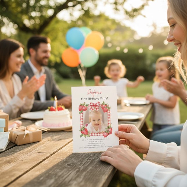 Sweet Strawberry Photo Card First Birthday (Creator Uploaded)