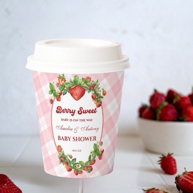 Sweet Strawberry Pink Gingham Baby Shower Paper Cups (Creator Uploaded)