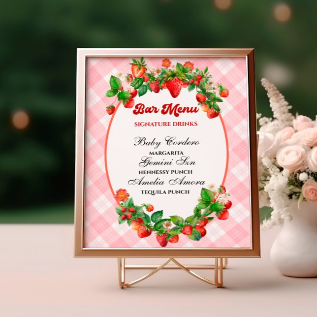 Sweet Strawberry Pink Gingham Bar Menu Shower Poster (Creator Uploaded)