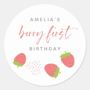 Sweet Strawberry Script Berry First Birthday Classic Round Sticker