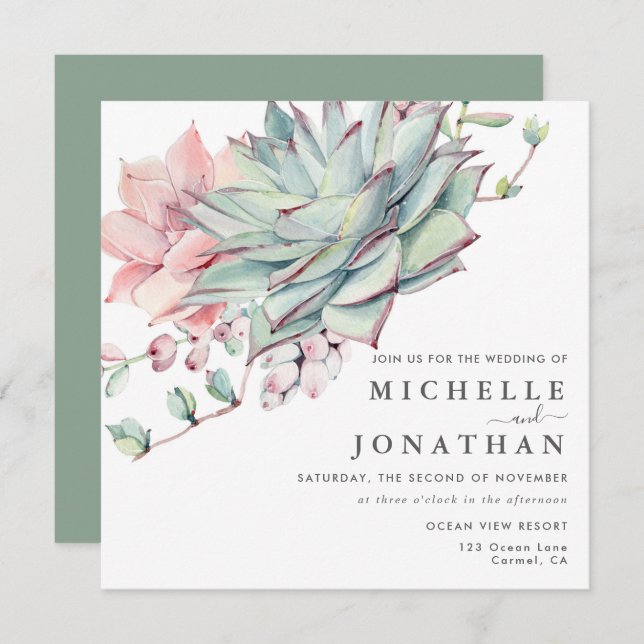 Sweet Succulents Pink Green Wedding  Invitation (Front/Back)