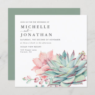 Sweet Succulents Pink Green Wedding  Invitation