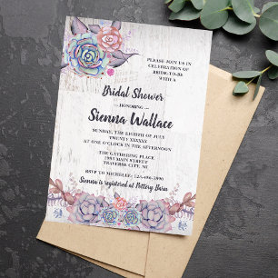 Sweet Succulents Rustic Watercolor Bridal Shower Invitation