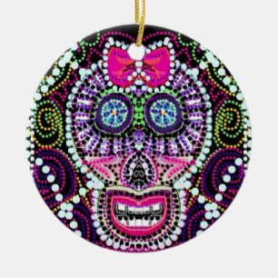 Sweet Sugar Skull With Pink Bow Ceramic Ornament