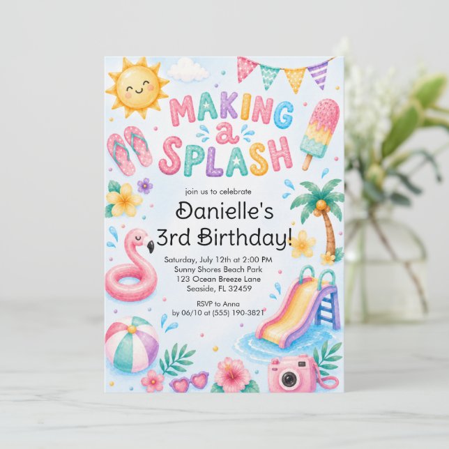 Sweet Summer Making a Splash Birthday  Invitation (Standing Front)