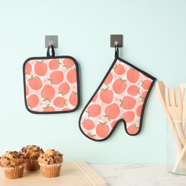 Sweet Summer Peach Pattern  Oven Mitt & Pot Holder Set (Insitu(Hanging))