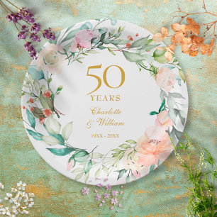 Sweet Summer Roses Garland 50th Anniversary Paper Plate