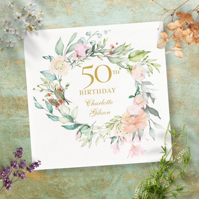 Sweet Summer Roses Garland 50th Birthday Napkin (Creator Uploaded)