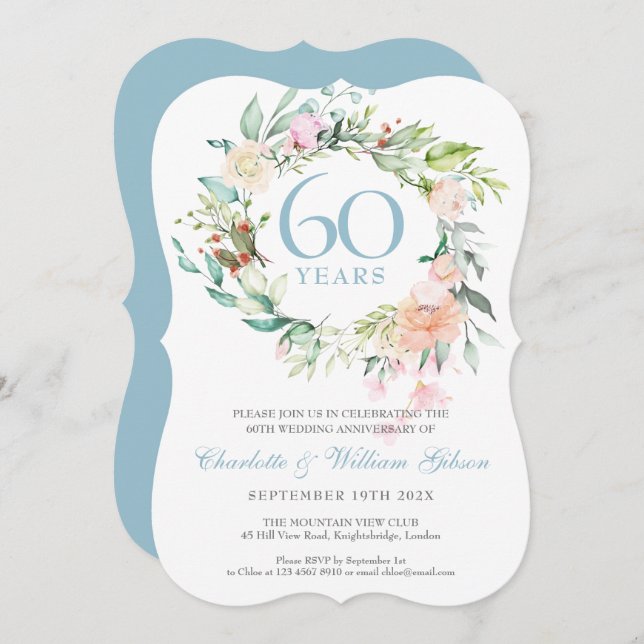 Sweet Summer Roses Garland 60th / 75th Anniversary Invitation (Front/Back)