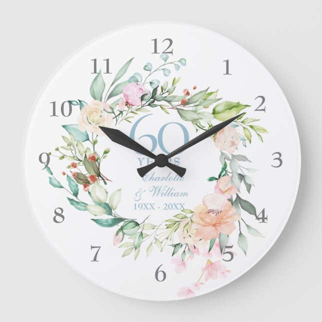 Sweet Summer Roses Garland 60th / 75th Anniversary Large Clock (Front)