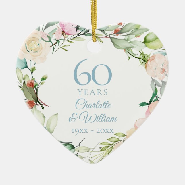Sweet Summer Roses Garland 60th Anniversary Photo Ceramic Ornament (Front)