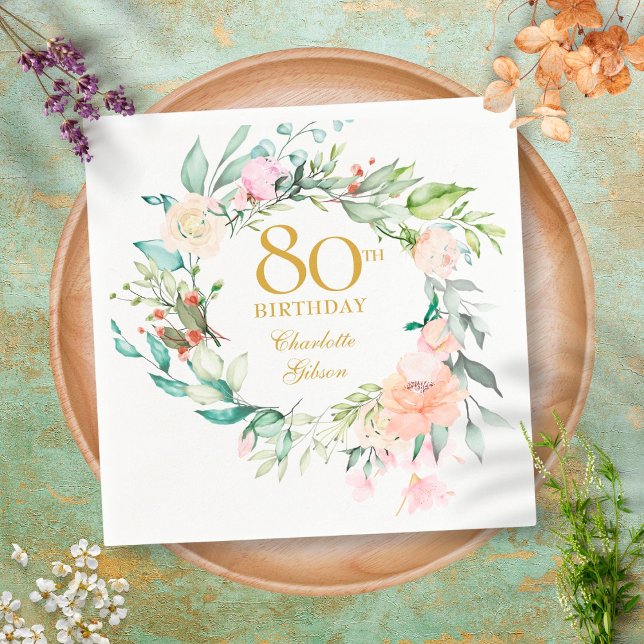 Sweet Summer Roses Garland 80th Birthday Napkin (Creator Uploaded)