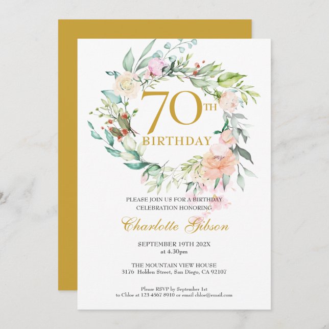 Sweet Summer Roses Garland Monogram 70th Birthday Invitation (Front/Back)