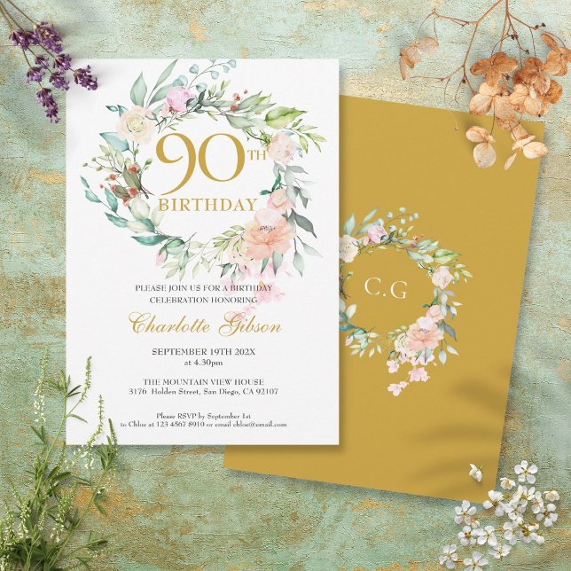 Sweet Summer Roses Garland Monogram 90th Birthday Invitation (Sweet Summer Roses Garland Monogram 90th Birthday Invitation)