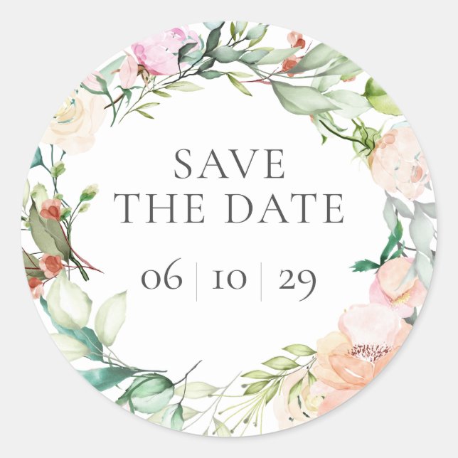 Sweet Summer Roses Garland Save the Date Classic Round Sticker (Front)