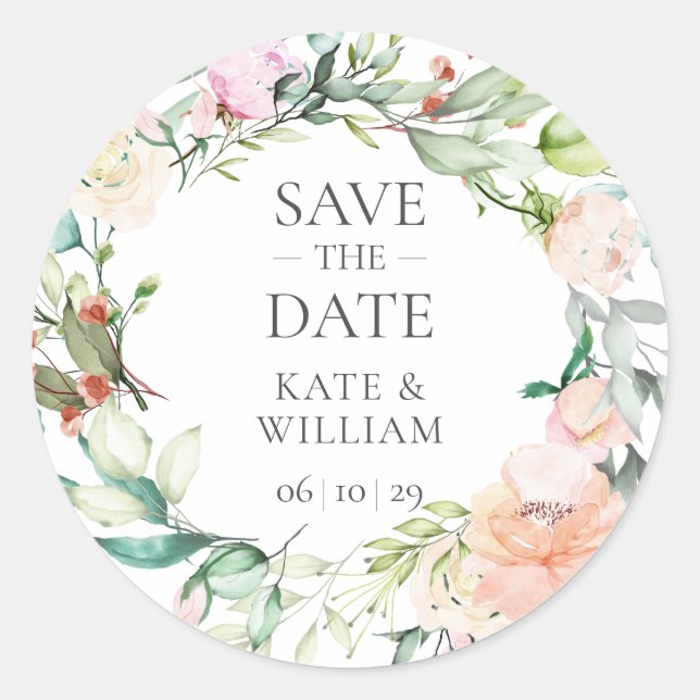 Sweet Summer Roses Garland Save the Date Classic Round Sticker (Front)