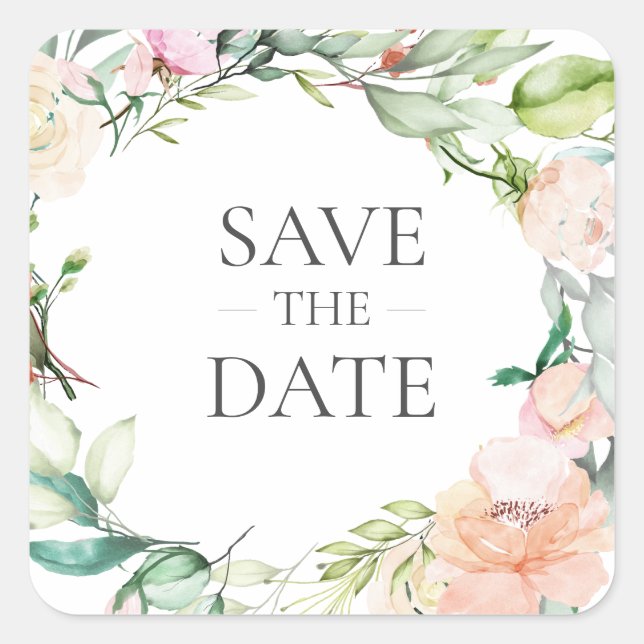 Sweet Summer Roses Garland Save the Date Square Sticker (Front)
