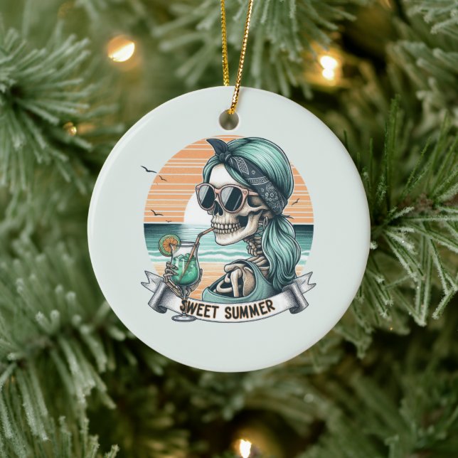 Sweet Summer Skeleton Retro Sunset Design Ceramic Ornament (Tree)
