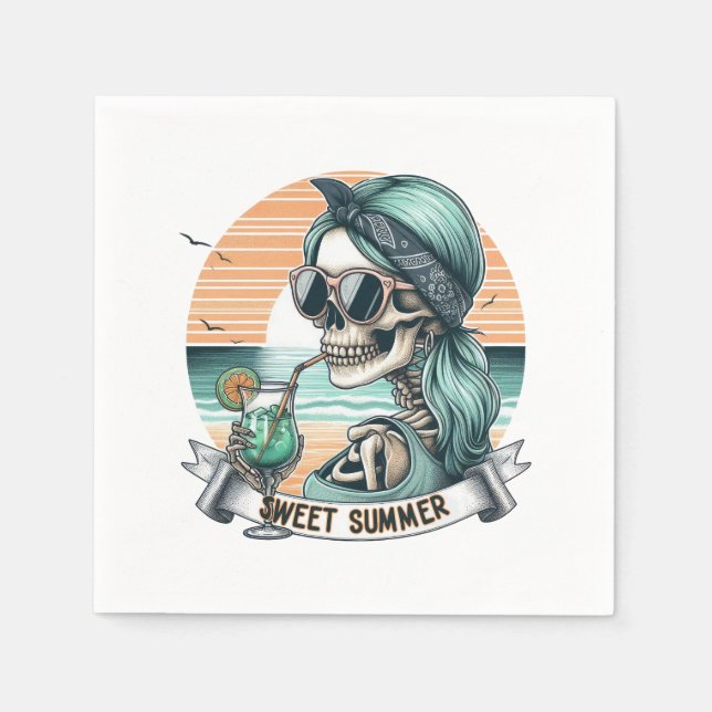 Sweet Summer Skeleton Retro Sunset Design Napkin (Front)