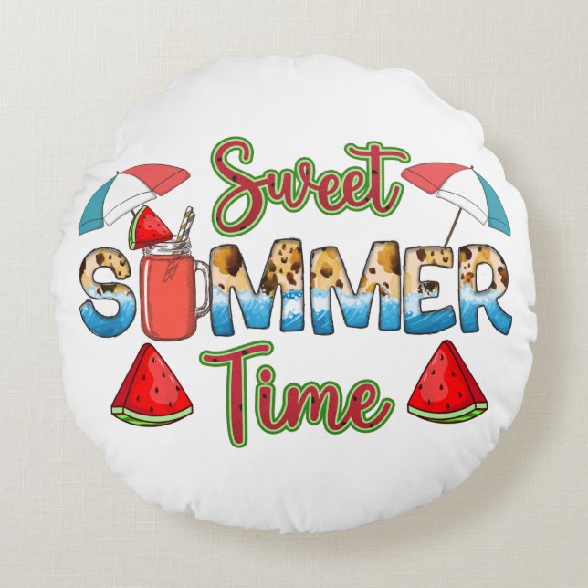 Sweet Summer Time | Colourful Watermelon Slice Round Cushion (Front)