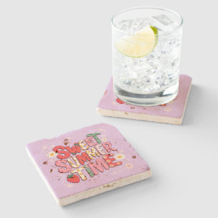Sweet Summer Time Coquette Strawberry Retro Beach Stone Coaster