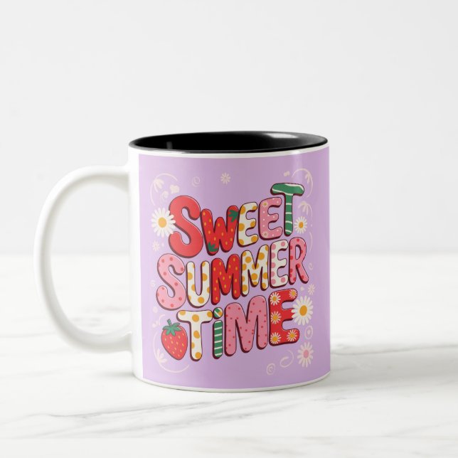 Sweet Summer Time Coquette Strawberry Retro Beach  Two-Tone Coffee Mug (Left)