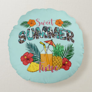 Sweet Summer Time Tropical Fruits & Floral Round Cushion