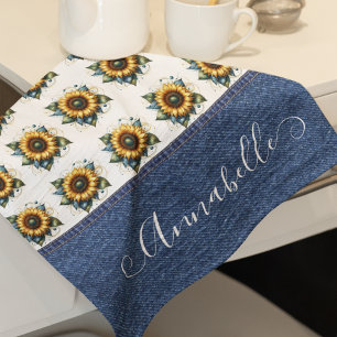 Sweet Sunflowers and Faux Denim Fancy Monogram Tea Towel