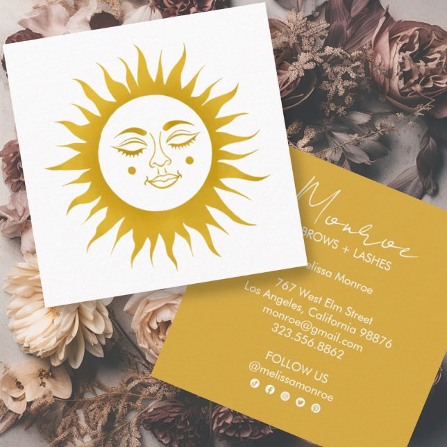 Sweet Sunshine Boho Line Art Gold Social Media Square Business Card (Sweet sunshine decorates this custom golden business card. Add your own text, change font, edit icon)