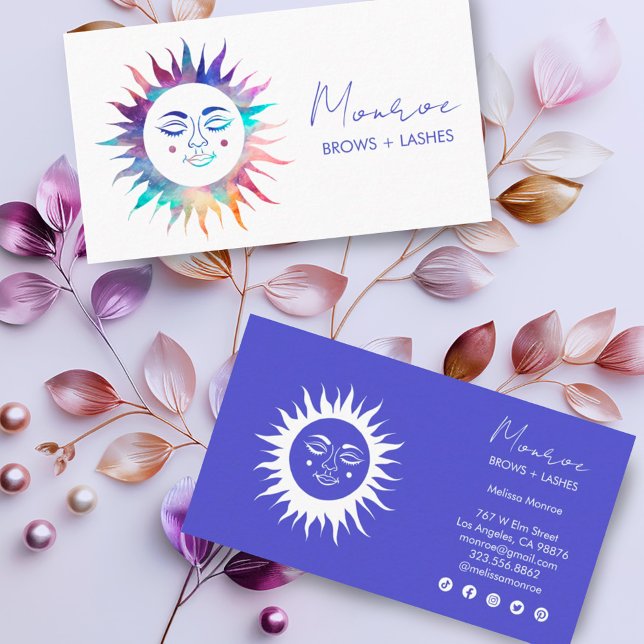 Sweet Sunshine Rainbow Boho Elegant Social Icons  Business Card (Pretty rainbow colorful sunshines decorate these custom business cards with social media icons)