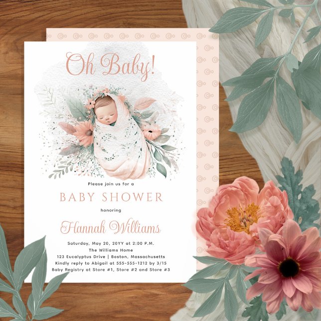 Sweet Swaddled Oh Baby Floral Girl Baby Shower Invitation (Creator Uploaded)