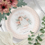 Sweet Swaddled Oh Baby Floral Girl Baby Shower Paper Plate<br><div class="desc">The sweetest baby girl swaddled in her cosy blanket lying on a bed of beautiful blush pink flowers and greenery in this "Oh Baby" composite Baby Shower design.</div>