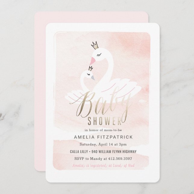 Sweet Swan Baby Shower Invitation with Foil (Front/Back)