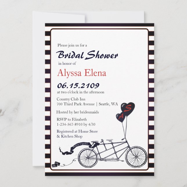 Sweet Tandem Bicycle Modern Bridal Shower Invitation (Front)