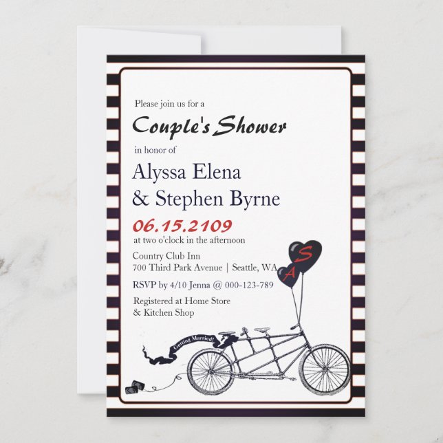 Sweet Tandem Bicycle Modern Couple's Shower Invitation (Front)
