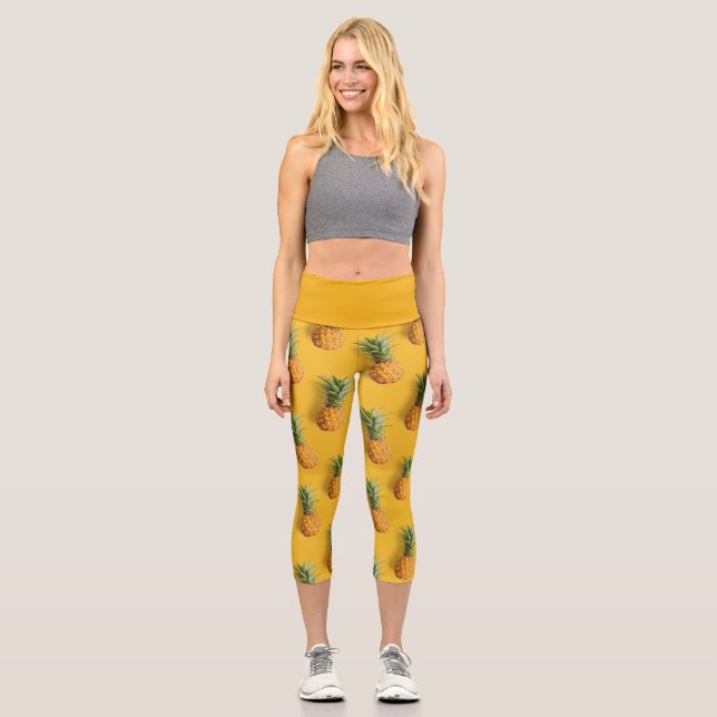 Sweet tasty pineapple on deep yellow background capri leggings (Front)
