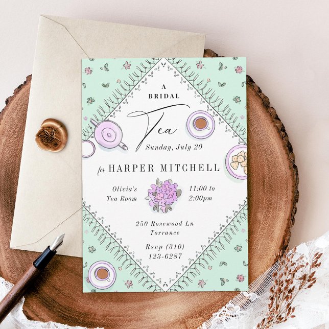Sweet Tea Party Mint Green Lavender Bridal Shower Invitation (Creator Uploaded)