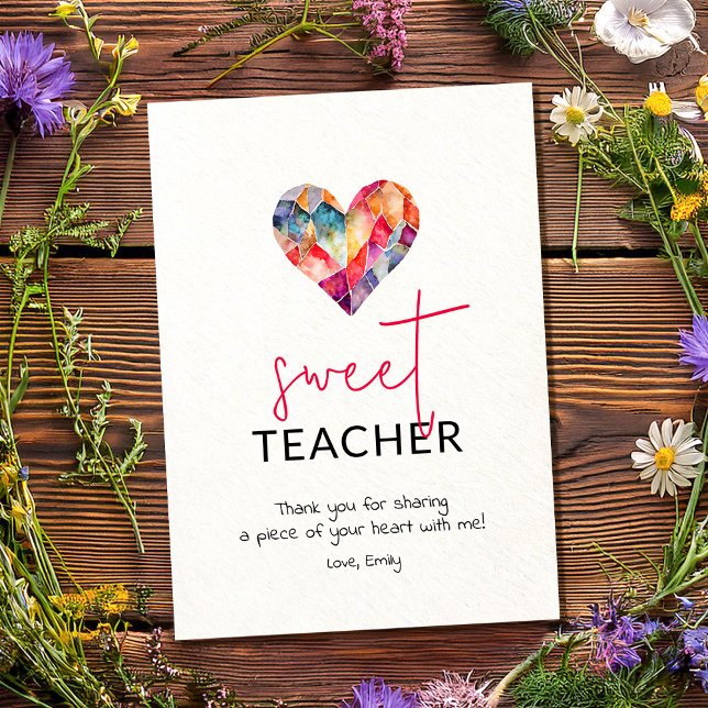 Sweet teacher with colourful watercolour heart holiday card (Creator Uploaded)
