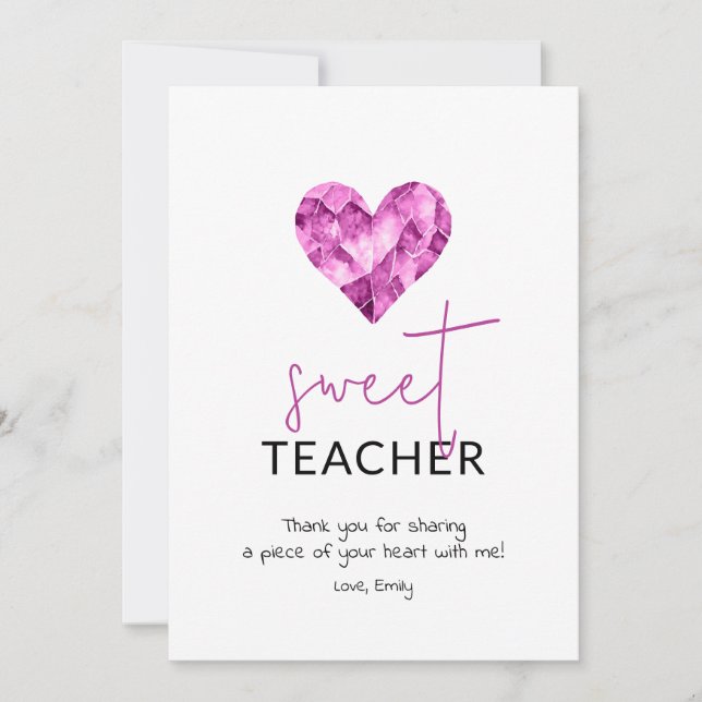 Sweet teacher with purple watercolour heart holiday card (Front)