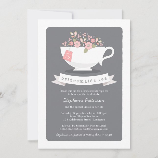 Sweet Teacup Pink Floral Bridesmaids Tea Party Invitation (Front)