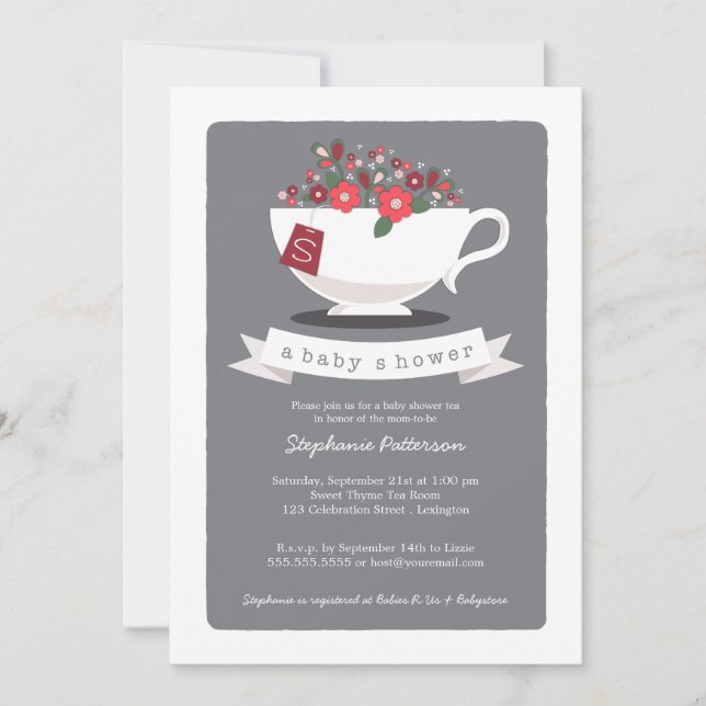 Sweet Teacup & Red Floral Baby Shower Invitation (Front)