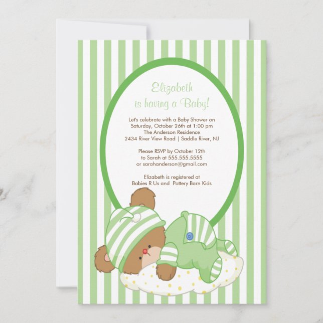 Sweet Teddy Bear Baby Shower Invitation Green (Front)