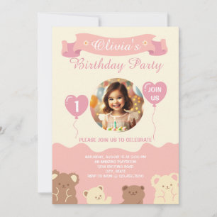 Sweet Teddy Bear First Birthday Invitation 