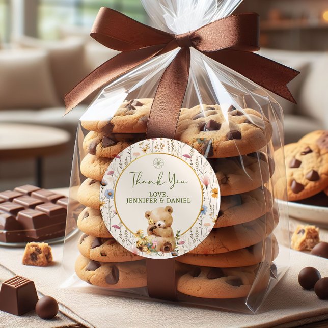 Sweet Teddy Bear Floral Baby Shower Thank You Classic Round Sticker (Creator Uploaded)