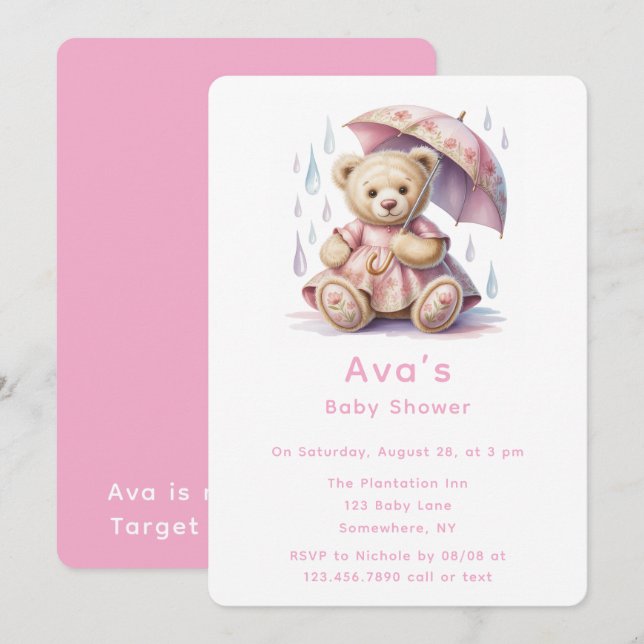 Sweet Teddy Bear Girl Baby Shower Invitation (Front/Back)
