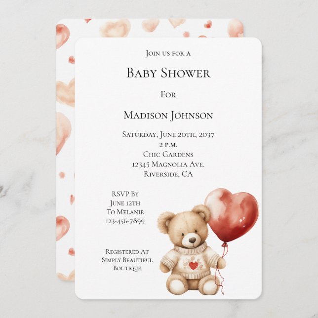 Sweet Teddy Bear Heart Balloon Baby Shower Invitation (Front/Back)