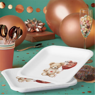 Sweet Teddy Bear Heart Balloon Baby Shower Paper Plate