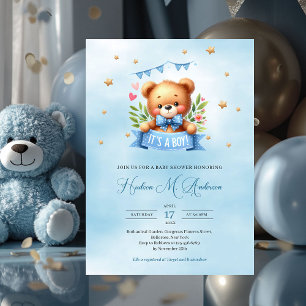 Sweet teddy bear it's a boy baby shower invitation