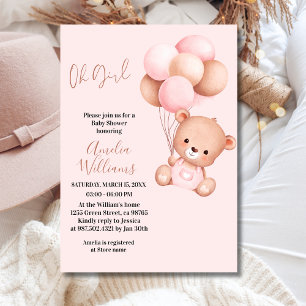Sweet Teddy Bear Oh Girl Pink Balloon Baby Shower Invitation