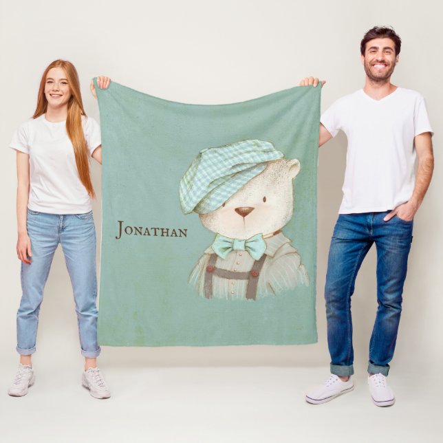 Sweet Teddy Bear Overalls Hat Name Personalised Fleece Blanket (In Situ)